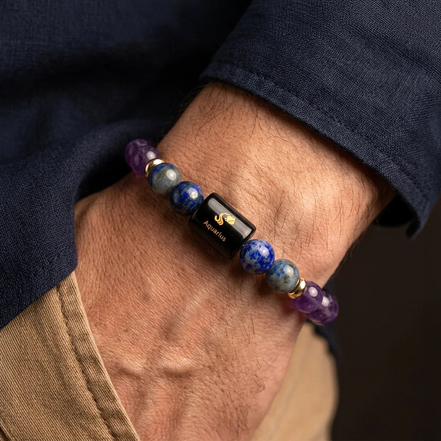 Aquarius (कुंभ राशि) Zodiac Amethyst & Lapis Lazuli Bracelet - Image 3