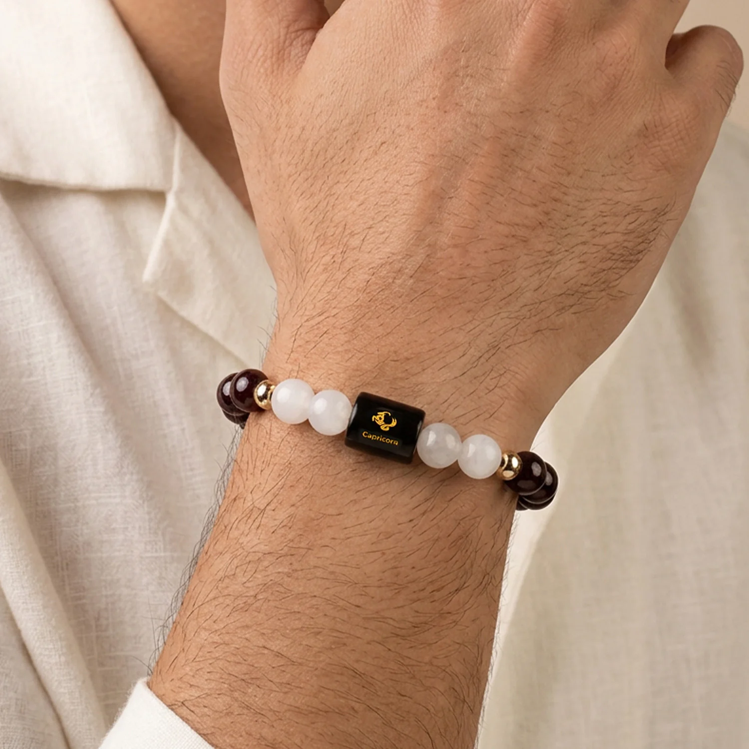 Capricorn (मकर राशि) Zodiac Garnet & Milky Quartz Bracelet - Image 3