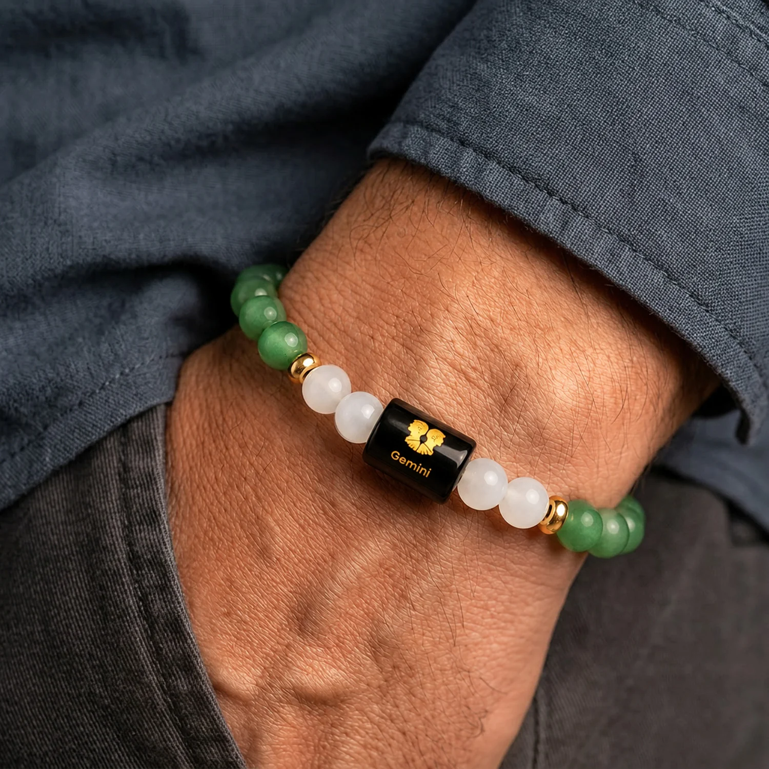 Gemini (मिथुन राशि) Zodiac Green Aventurine & Milky Quartz Bracelet - Image 3