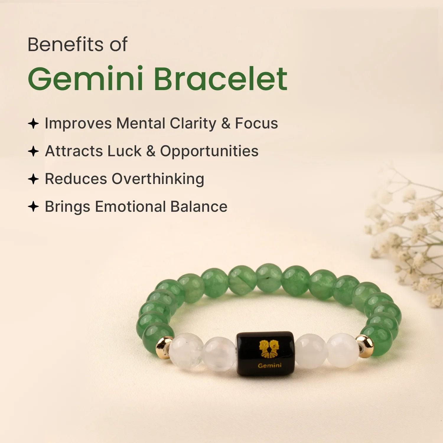 Gemini (मिथुन राशि) Zodiac Green Aventurine & Milky Quartz Bracelet - Image 6
