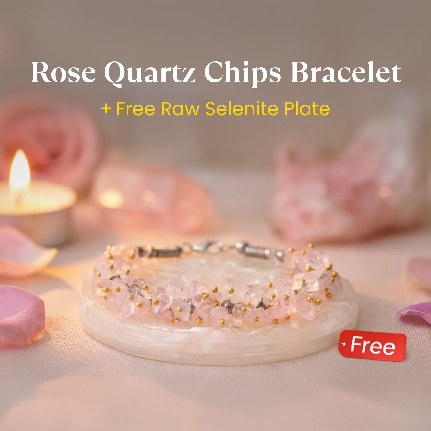 Rose Quartz Chips Bracelet with FREE Raw Selenite Plate