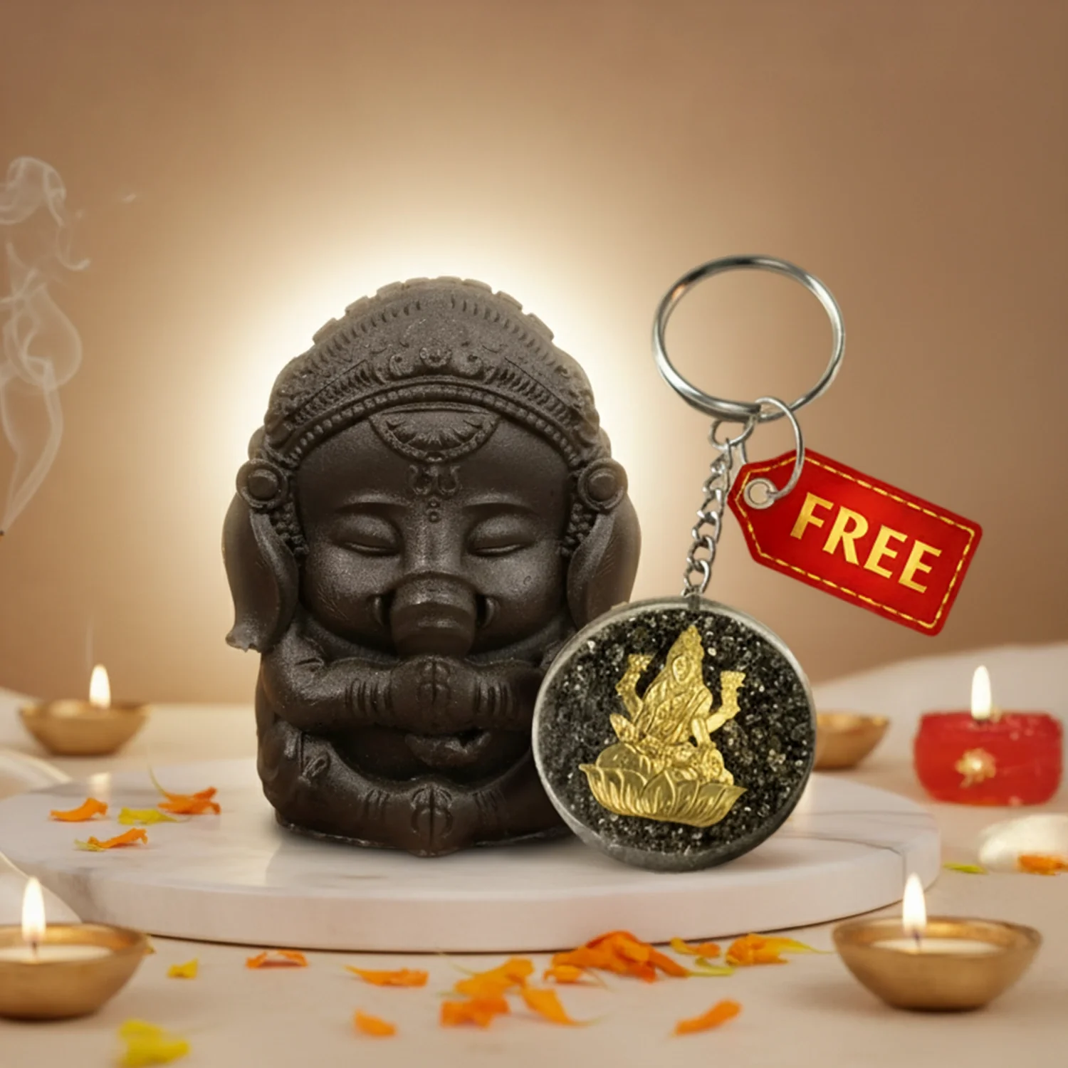 Pyrite Bal Ganesha Idol with FREE Lakshmi Ji Keychain