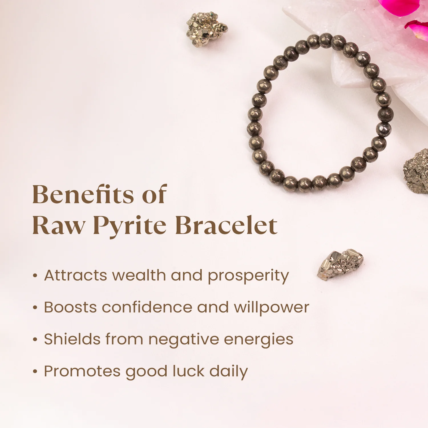 Raw Pyrite Bracelet (Women - 6mm Beads) with FREE Raw Selenite Plate - Image 2