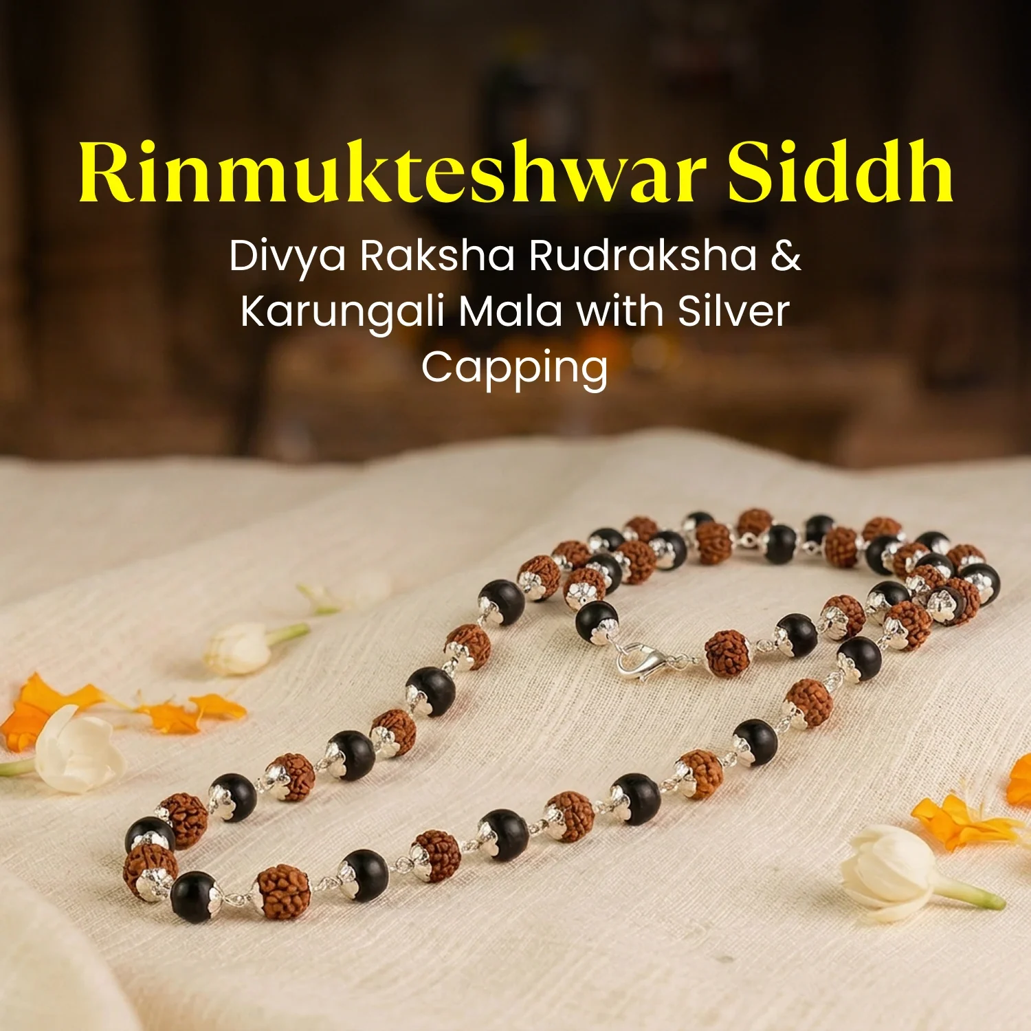 Rinmukteshwar Siddh Divya Rudraksha Karungali Mala - Silver Capped