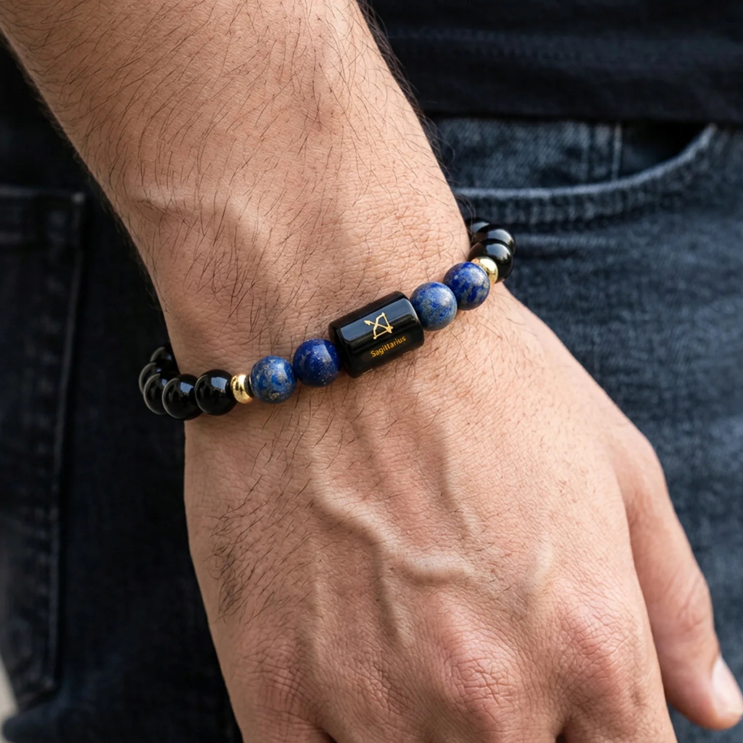 Sagittarius (धनु राशि) Zodiac Black Obsidian & Lapis Lazuli Bracelet - Image 3